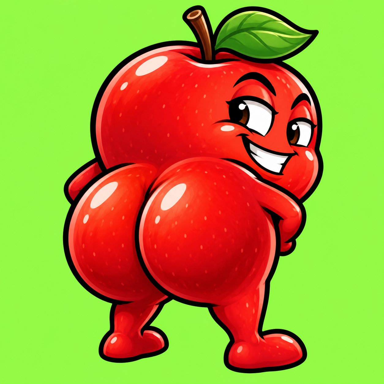 Grinning red apple mascot showing its cartoon apple cheeks